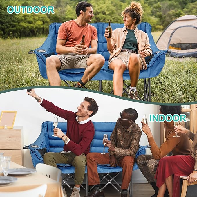 DoCred Double Camping Chair - Oversized Loveseat, 2 Person Camping Chair for Adults Heavy Duty,Two Person Folding Chair with Cup Holder, Supports up to 500 LBS for Outside Picnic Beach Travel