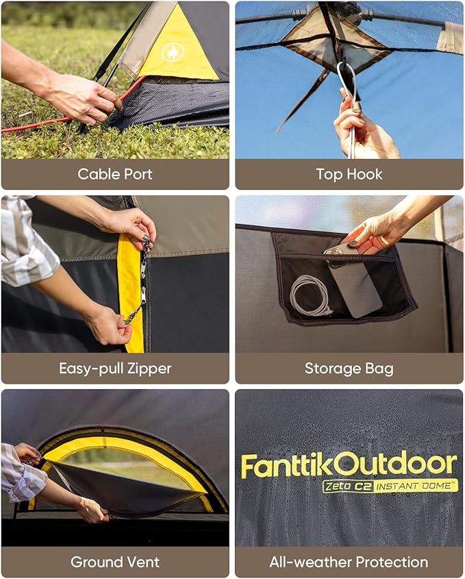 FanttikOutdoor Zeta C2/3/4 Camping Tent, 2/3/4 Person Instant Dome Tent, Easy Setup in 60s, Portable Waterproof Cabin Tent with Pre-Attached Poles & Air Vent, Ideal for Camping, Hiking, Backyard