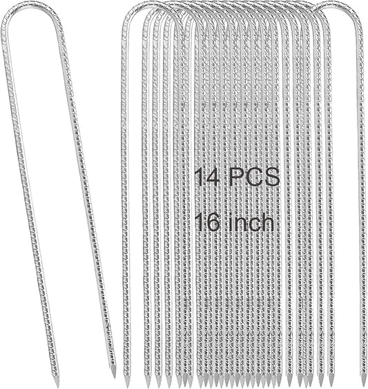14 Pack 16 Inch Silver Galvanized Rebar U Hook Stakes, Heavy Duty Curved U Hook Ground Anchors, Rebar Tent Fence Stakes with Chisel Point End