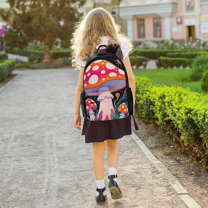 Backpack Polyester Anti-Theft Multipurpose Psychedelic Mushroom Art Bookbag Large Capacity Laptop Book Bag Rucksack With Side Pockets