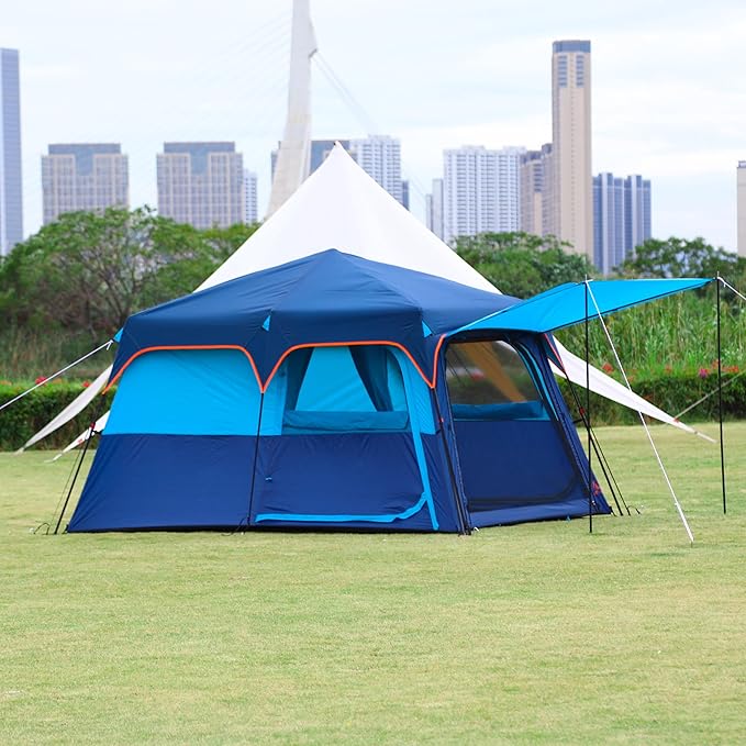 KTT Extra Large Tent 6-10-12-14 Person(A),Family Cabin Tents,2 Rooms,3 Doors and 3 Windows with Mesh,Straight Wall,Waterproof,Double Layer,Big Tent for Outdoor,Picnic,Camping,Family Gathering