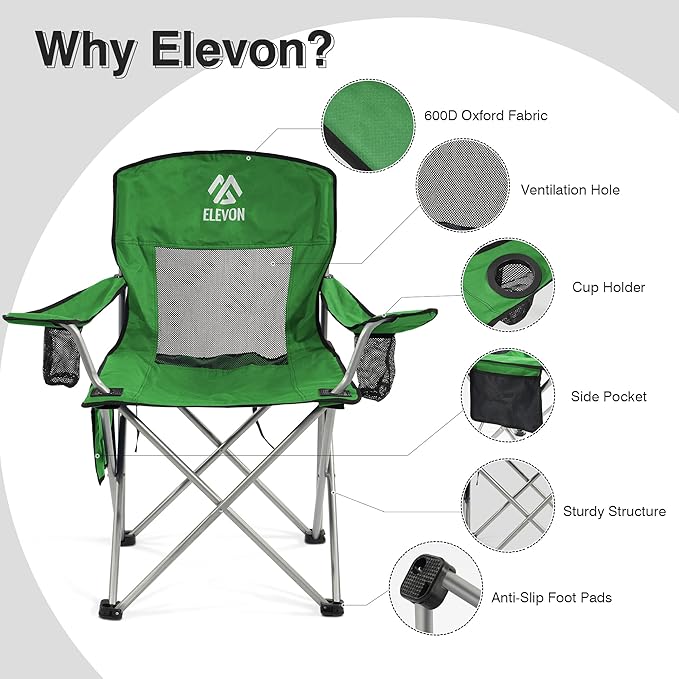 Elevon Folding Camping Chairs, Portable Outdoor Beach Chair for Adults with Carry Bag & Cup Holder, Foldable Lawn Chair with Mesh Backrest for Camp Fishing Hiking Travel Picnic Sports,