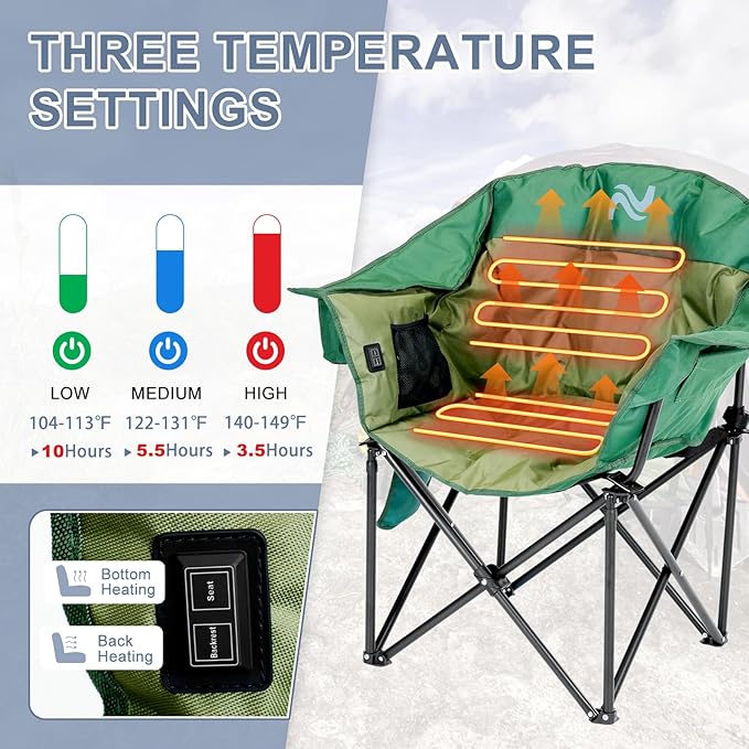 ABORON Oversized Heated Armrest Camping Chair, Portable Heated Folding Recliner Chair with 3 Heat Settings, Fully Padded Heavy Duty Chair Supports Up to 400 lbs, Perfect for Outdoor Adventures