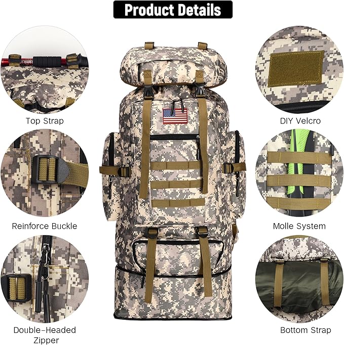 JUMAHE 100L Hiking Backpack for Men - Rucksack Molle Military Tactical Waterproof Lightweight Camping Backpack 3 Day Assault Pack for Travel, Climbing, Backpacking