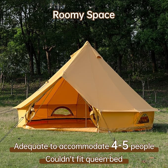 Cotton Canvas Bell Tent with Stove Jack, Roomy Yurt for Family Glamping Camping, 4 Season Tent with Zipped Removable Floor
