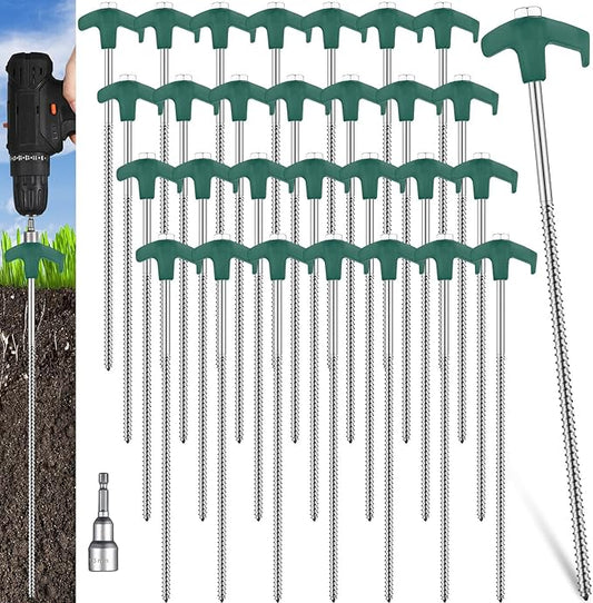 Hicarer 20 Pcs 12 Inch Tent Stakes Screw in Camping Stakes Heavy Duty Metal Spikes Ground Anchor Peg Threaded Tent Spikes with Hex Head Driver for Camping Garden Inflatable (Dark Green)