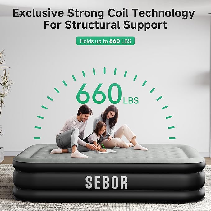 Sebor Air Mattress Queen with Built-in Pump 18", Comfortable Self-Inflating Air Mattress with High-Speed Pump, Durable Blow Up Mattress Queen with Storage Bag for Guests, Camping, Travel