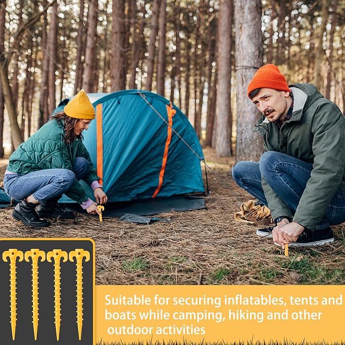 AUGSUN 16 Pack Plastic Tent Stakes Heavy Duty, Yellow Sand Stakes for Beach 7.5 Inch Screw in Tent Stakes Spiral Ground Anchors Tent Pegs Canopy Stakes for Inflatables Outdoor Camping Hiking Garden