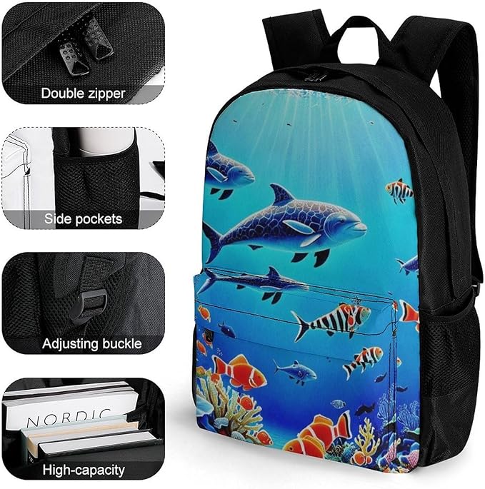 Rucksacks Multipurpose Anti-Theft Big Capacity Bookbag, Colorful Sea Ocean World Dolphin Tropical Fishes Coral Travel Hiking Camping Rucksack With Padded Straps