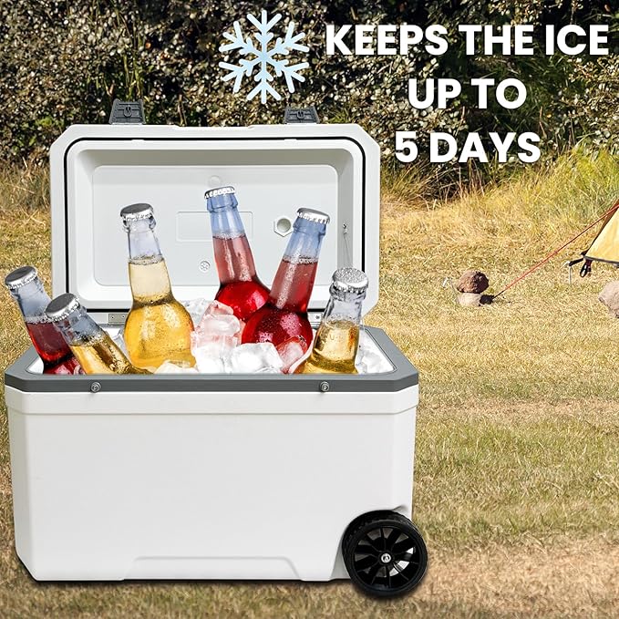 JUST-V 34-127 Quart Insulated Portable Cooler with Heavy Duty Wheels Keeps Ice for up to 5 Days, Great for Drink, Beach, Camping, Tailgating, Sports, & More
