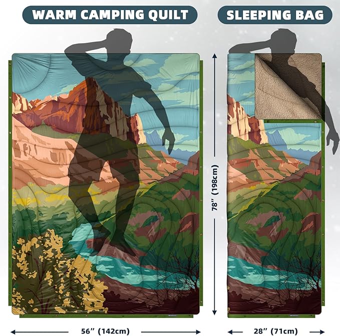 Outdoor Camping Blanket with Sherpa Lining, Extra Warm Thick Camp Blankets and Puffy Ultralight Soft Poncho DWR Camping Quilt for Cold Weather, Adventure, Sleeping, Backpacking 78"x 56"