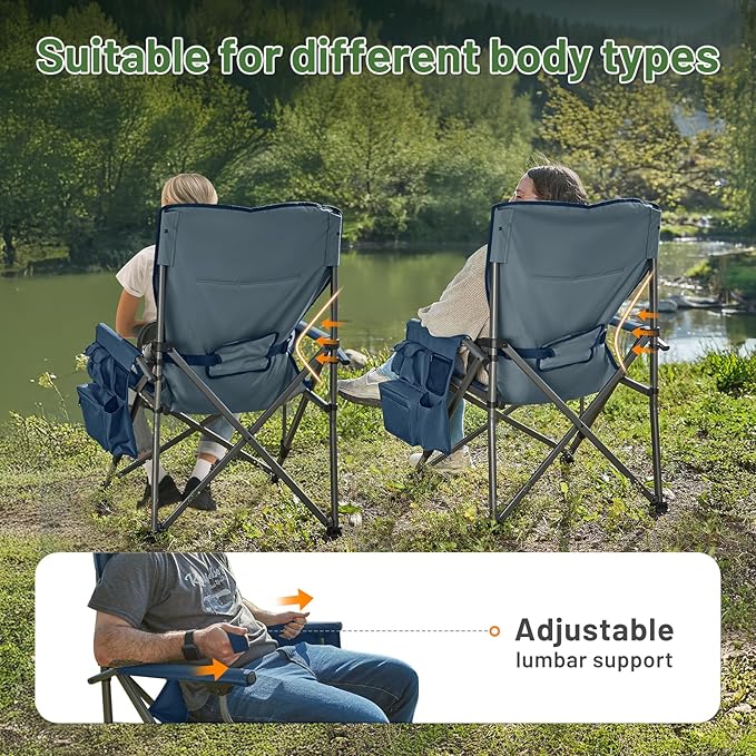 TIMBER RIDGE Oversized Folding Camping Chair with Lumbar Support Adjustable High Back Heavy Duty for Adults Support up to 500lbs with Cup Holder, Cooler Bag, Side Pocket, Blue 2Pcs