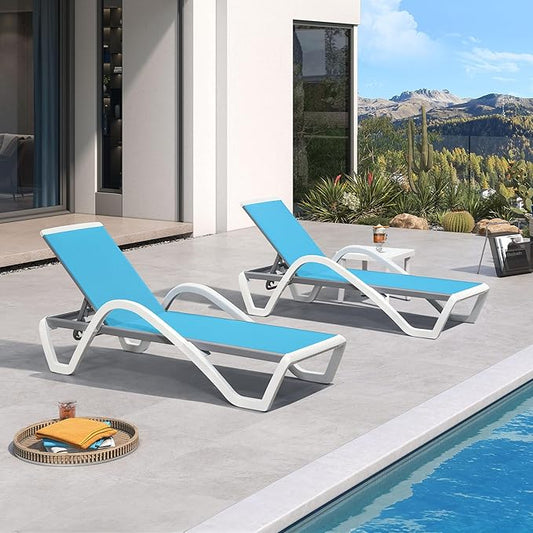 PURPLE LEAF Patio Chaise Lounge Chair Set of 3 Outside Aluminum Plastic Stackable Tanning Chairs with Armrests and Side Table for Pool Sunbathing Beach Deck Outdoor Lounger, Turquoise Blue