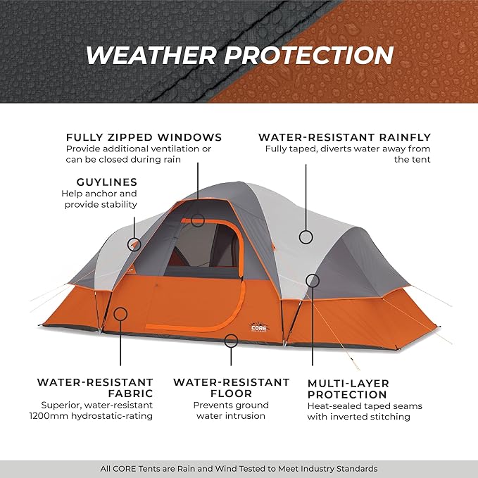 CORE Tent for Family Camping, Hiking and Backpacking | 3 Person / 4 Person / 6 Person / 9 Person Person Dome Camp Tents with Included Tent Gear Loft for Outdoor Accessories