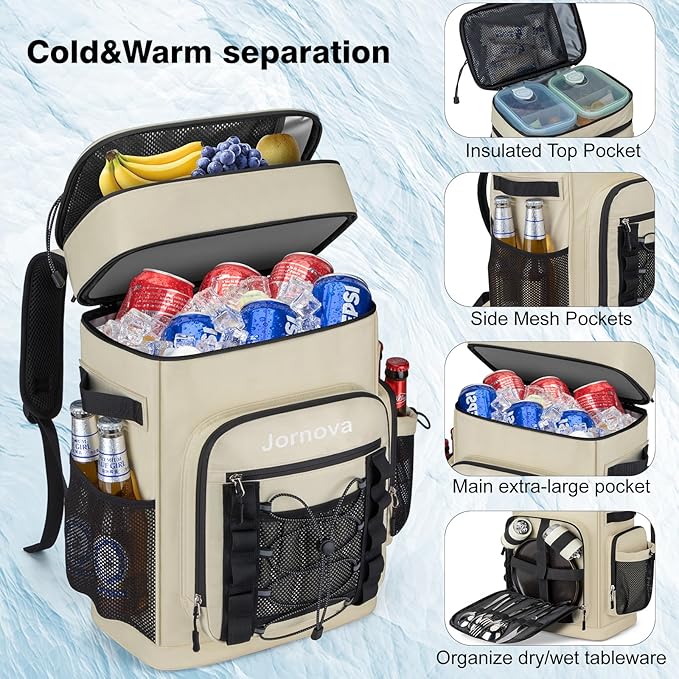 Insulated Cooler Backpack, 40L Leakproof Backpack with Double Compartments for Men & Women, Large Lunch Cooler for Camping, Beach, Travel, Picnic, Up to 48 Cans