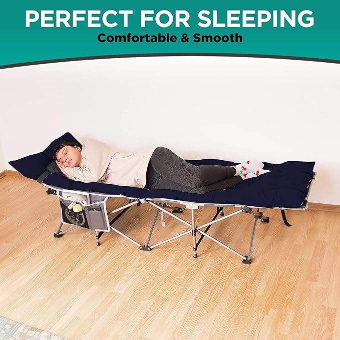 ZONETECH Folding Outdoor Camping Travel Cot and Pad - Premium Quality Lightweight Portable Heavy Duty Adult & Kids w/Large Pocket and Cushion (Gray & Blue 1-Pack)