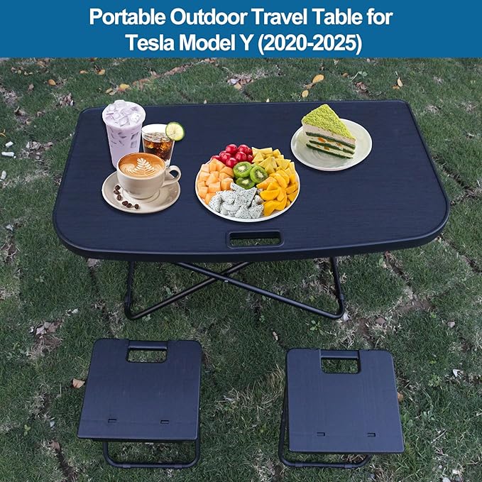 Tesla Model Y Dedicated Camping Table Set with 2 Collapsible Stools Premium Outdoor Folding Table for Outdoor Adventures Beach BBQ Picnics and Road Trips Compatible with 2021 2022 2023 2026 Model Y
