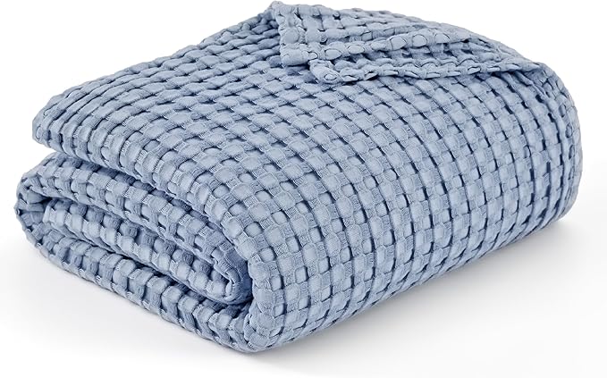 Bedsure Cooling Cotton Waffle King Size Blanket - Lightweight Breathable Summer Blanket of Rayon Derived from Bamboo for Hot Sleepers, Luxury Throws for Bed, Couch and Sofa, Fog Blue, 104x90 Inches