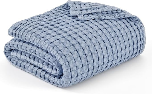 Bedsure Cooling Cotton Waffle King Size Blanket - Lightweight Breathable Summer Blanket of Rayon Derived from Bamboo for Hot Sleepers, Luxury Throws for Bed, Couch and Sofa, Fog Blue, 104x90 Inches