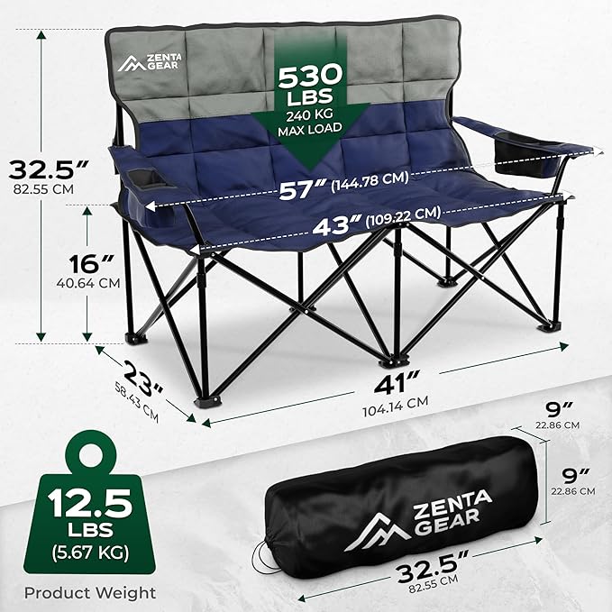 Oversized Fully Padded Double Camping Chair, Portable Folding Loveseat w/Side & Back Pockets, Adjustable Armrests, Double-Sized Cup Holders for Outdoor, Indoor, Supports 530LBS (Dark Navy)