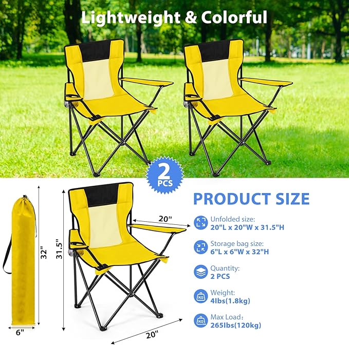 Shellwei 2 PCS Folding Camping Chair with Cupholder and Carry Bag Regular Size Colorful Breathable Portable Lightweight Lawn Chair with Side Pocket for Fishing Hiking Beach Outdoor Activity
