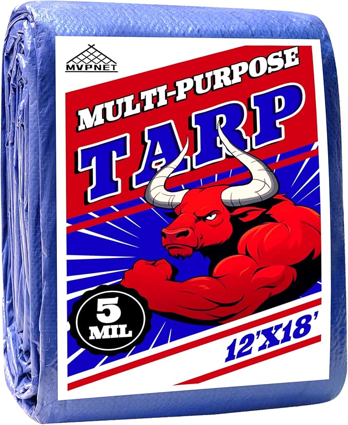 Tarp 12x18 ft 100% Waterproof Uv Resistant High Durability Multipurpose 5mil Blue Tarp for Covering Courtyards, Cars, Camping, Gardens, Pet Nests -by MVPNET