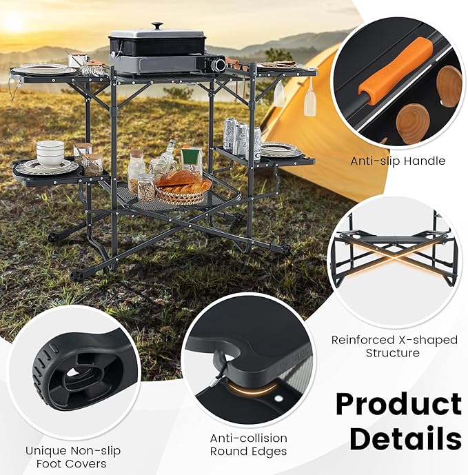 Goplus Camping Cooking Table, Outdoor Grill Table, Folding Camp Kitchen with Aluminum Tabletop, 4 Side Tables, Storage Rack, Portable Cook Station Prep Table for Outside Picnic BBQ RV Tailgate