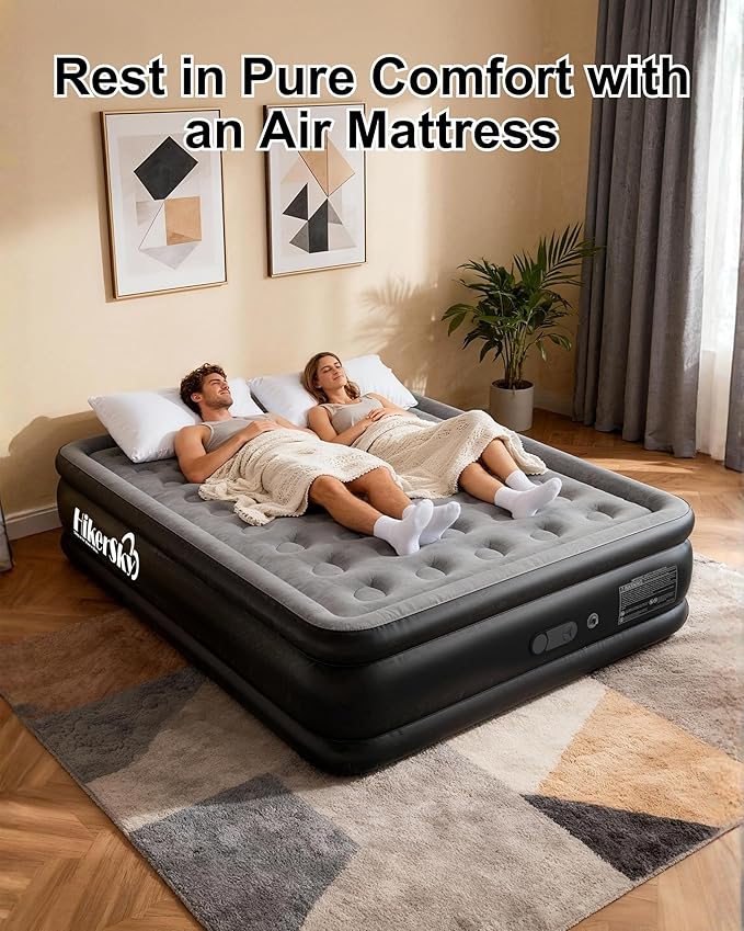 Queen Air Mattress with Built in Pump, Inflatable Mattress for Home, Blow up Air Bed 3 Min Quick Inflation and Deflation, Thin Velvet Top, 18'' Queen Size Gray
