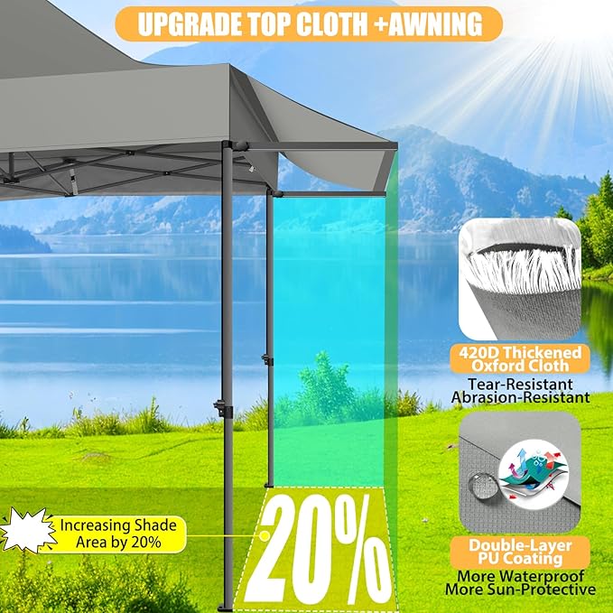 COBIZI 10x10 Pop Up Canopy Tent with Awning,Heavy Duty Canopy UPF 50+ All Season Wind Waterproof Commercial Outdoor Street Vendors Party Tents for Parties Canopy with Carry Bag(10 x 10 ft Gray)