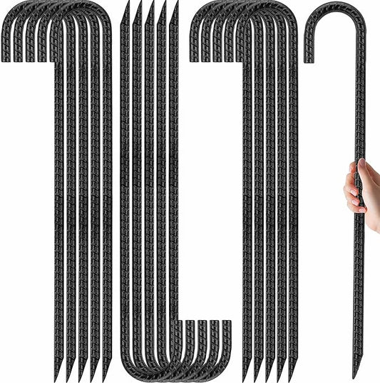 Kingsyard 16 Pack 16 Inch Galvanized Steel Metal J Hook Rebar Stakes, 0.4 inch Diameter Ground Anchors Heavy Duty Tent Stakes, Trampolines Stakes, Chain Link Fence Stakes, Black
