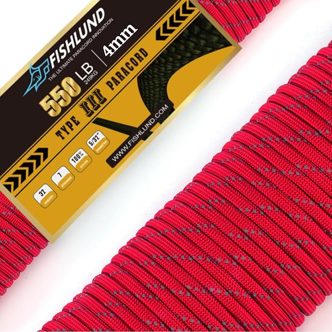 Reflective Paracord 550 lb, 7 Strand Paracord Rope 100ft 4mm, Nylon Parachute Cord for Camping, Imperial Red
