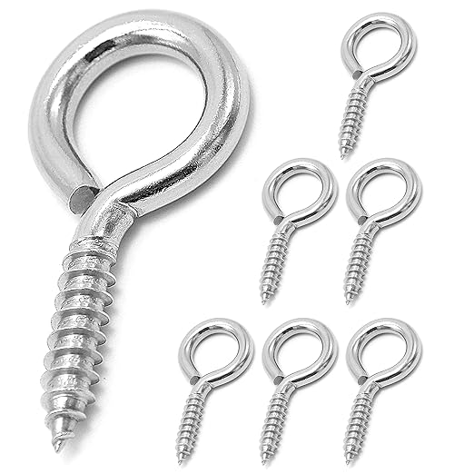 6 Pcs M6 304 Stainless Steel Screw Eye Hooks, 2-1/2 Inches Eyes Screw Hooks,Heavy Duty Screw Eye Bolt,Load Bearing 200LB,Indoor & Outdoor Use