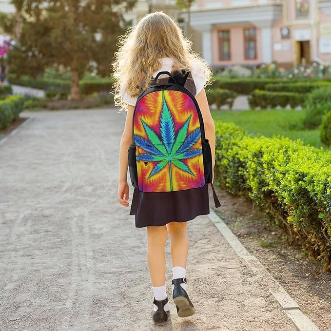 Men Women Polyester Trippy Tie Dye Pot Leaves Weedleaf Leaf Daypack Backpack Large Capacity Carry On Bag With Smooth Zippers for Hiking Picnic Walking Cycling