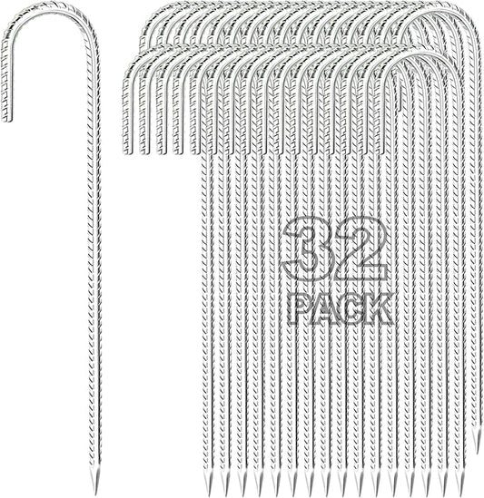 Kadrick Rebar Stakes 12 inch，J Hook Ground Stakes Anchors, 32-Pack White Galvanized Fence Stakes,Heavy Duty 5/16'' Diameter