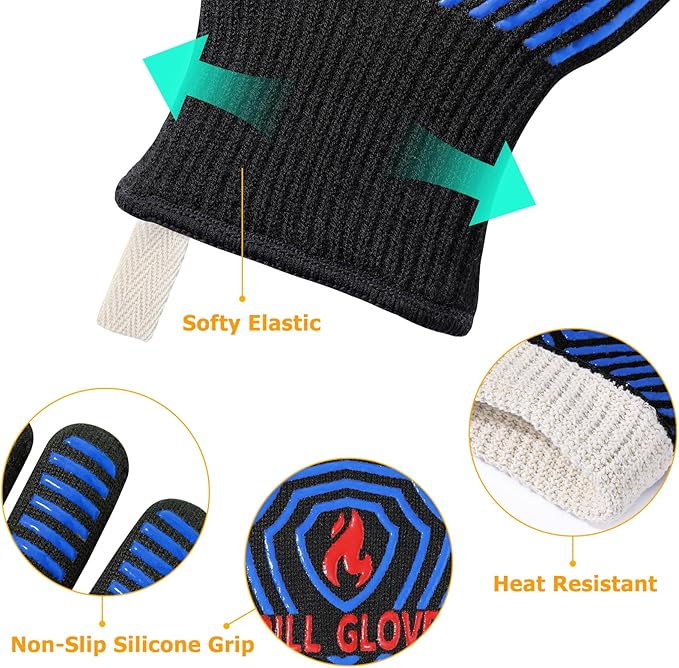 QUWIN BBQ Gloves, Oven Gloves 1472℉ Extreme Heat Resistant, Grilling Gloves Silicone Non-Slip Oven Mitts, Kitchen Gloves for BBQ, Grilling, Cooking, Baking-1 Pair (One Size Fits Most, Black/Blue)
