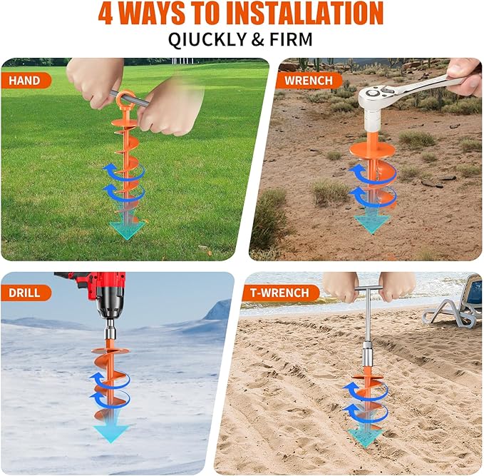 Ground Anchor Screw in, 8 Pack Spiral Trampoline Anchors with Nut and Tool Swing Set Anchors Tent Stakes High Wind Heavy Duty for Sheds, Carports, Mobile Home Orange