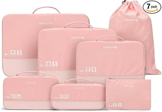 Hanke 7 Piece Expandable Compression Packing Cubes, Premium Travel Packing Organizers for Suitcases/Carry On, Luggage Organizer Bags with Breathable Mesh & Label,Pink