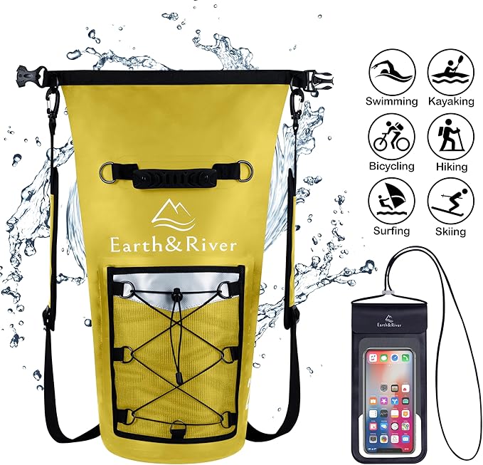 EARTH&RIVER Premium Dry Bag Backpack, Extra Thick, Protection for All Water Activities & Camping, Floating Lightweight Dry Bag with Inside Pocket Storage & IPX8 Waterproof Phone Case (yellow, 20L)