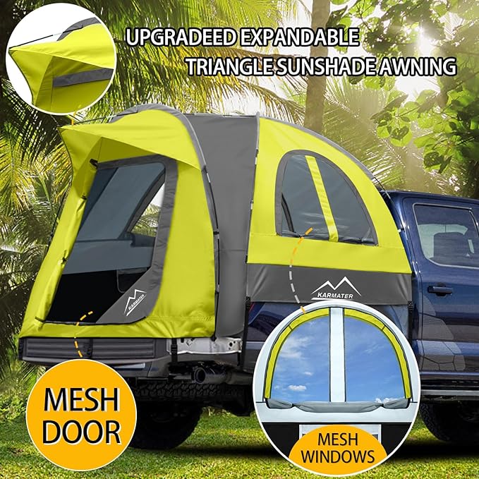 Pickup Truck Tent, Waterproof PU2000mm for Camping 5.5-6 Ft Bed,2-Person Sleeping with Double Layer Design Windows, Portable Overland Tent Expandable Triangle Sunshade Awning