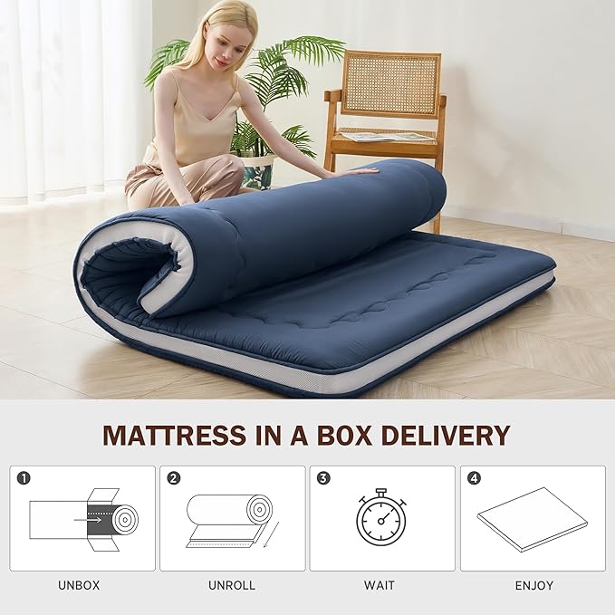 Japanese Floor Futon Mattress Twin Size, 4" Thicken Foldable Mattress Tatami Mat Sleeping Pad, 32D Foam Filled Traditional Shiki Futon (shikibuton), Designed in Japan (Navy Blue 39"x 80")