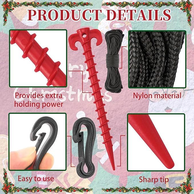 AUGSUN 27 Pieces Plastic Inflatable Stakes Set, Include Tent Stakes, Tethers Ropes and Hooks Heavy Duty Garden Yard Stakes for Christmas Outdoor Decorations (Red)