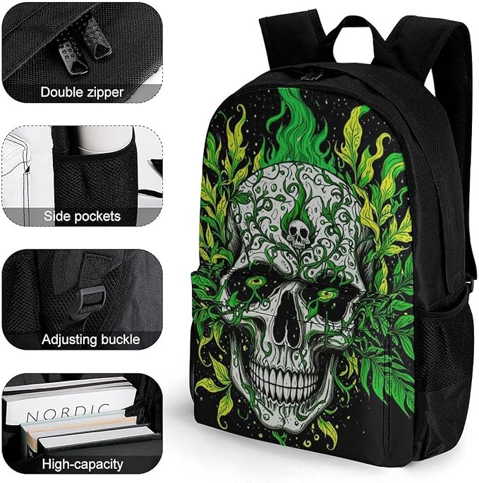 Lightweight Rucksack for Sports Travel Running, Big Capacity Multipurpose Anti-Theft Bookbag, Skull Marijuanaweed Leaf Green Black Travel and Sport Backpack Rucksack