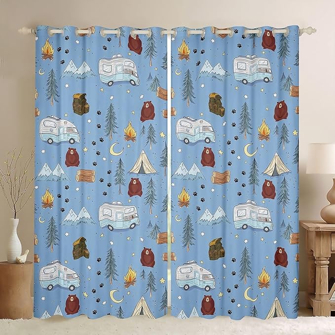 Cartoon Tents Camp Camper Window Curtain | Camping Picnic Blackout Curtain for Boys Bedroom Decor,Woodland Bear Curtains Snow Mountain Living Room Top 2 Panels,42Wx63L
