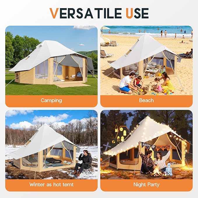 SPECRAFT Canvas Bell Yurt Tents & Inflatable Tent for Camping, Waterproof Glamping Tent with Stove Jack, Breathable Mesh, Snowproofing Spacious 4-Season Family Shelter for Outdoor, Camping, Parties