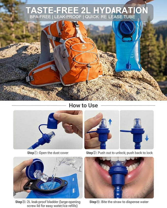 Hydration Backpack with 2L Bladder – Thermal Insulated Water Pack for Hiking, Skiing, Running – Lightweight Daypack for Men & Women, Soft-Lined Sunglasses Pocket & Large Waist Pockets