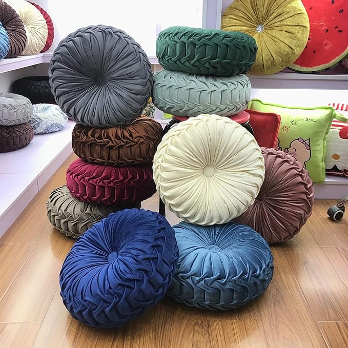 Round Throw Pillow Velvet Home Decoration Pleated Round Pillow Cushion for Couch Chair Bed Car Beige