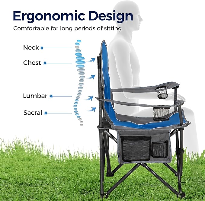 ALPHA CAMP Oversized Camping Folding Chair - Heavy Duty Steel Frame Support 350 LBS, Collapsible Padded Arm With Cup Holder, Quad Lumbar Back, Portable for Outdoor/Indoor