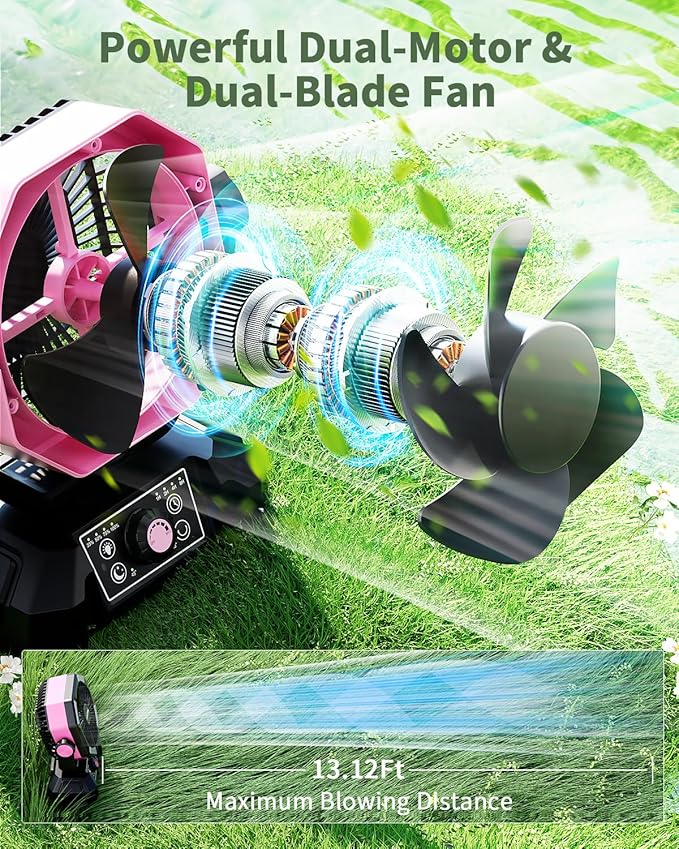 coldSky 𝟮𝟬𝟬𝟬𝟬𝗺𝗔𝗵 Camping Fan with Dual Motor, Battery Operated Fan with 4 LED Lantern, 8 Speeds Desk Fan with Remote, Portable Outdoor Fan with Hook for Tent, Power Outages, Jobsite (Pink)