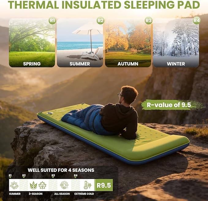 Memory Foam Camping Pad, 3.54'' ULtra-Thick Foam Sleeping Pad for Camping with Pillow, 20s Fast self Inflate&Deflate, 9.5 R-Value Insulated Camping Mattress, Suitable for Tent, Car Travel & More