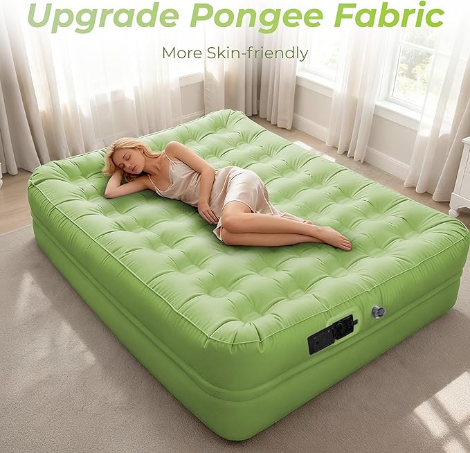 Queen Air Mattress with Built-in Battery Pump, All Luxury Cooling Pongee Fabric Material, Waterproof & Leakproof Air Mattress Queen, Portable Foldable Guest Bed (18", Green)